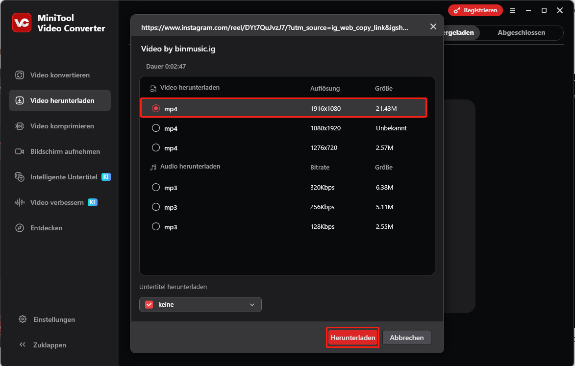 Benutzeroberfläche von MiniTool Video Converter mit ausgewähltem Instagram-Videoformat und der Option Herunterladen