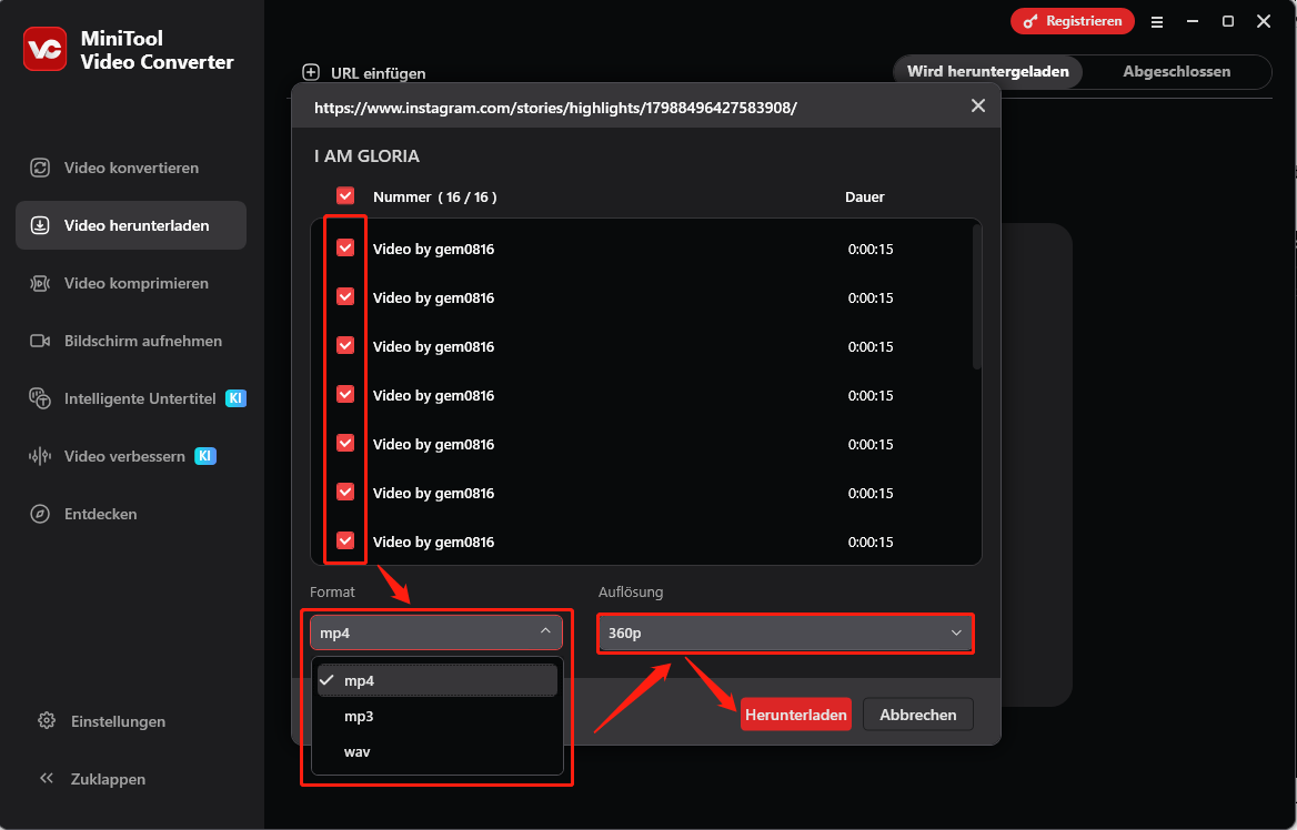 MiniTool Video Converter mit der Auswahl gewünschter Instagram-Videos sowie eines Download-Formats und einer Qualität
