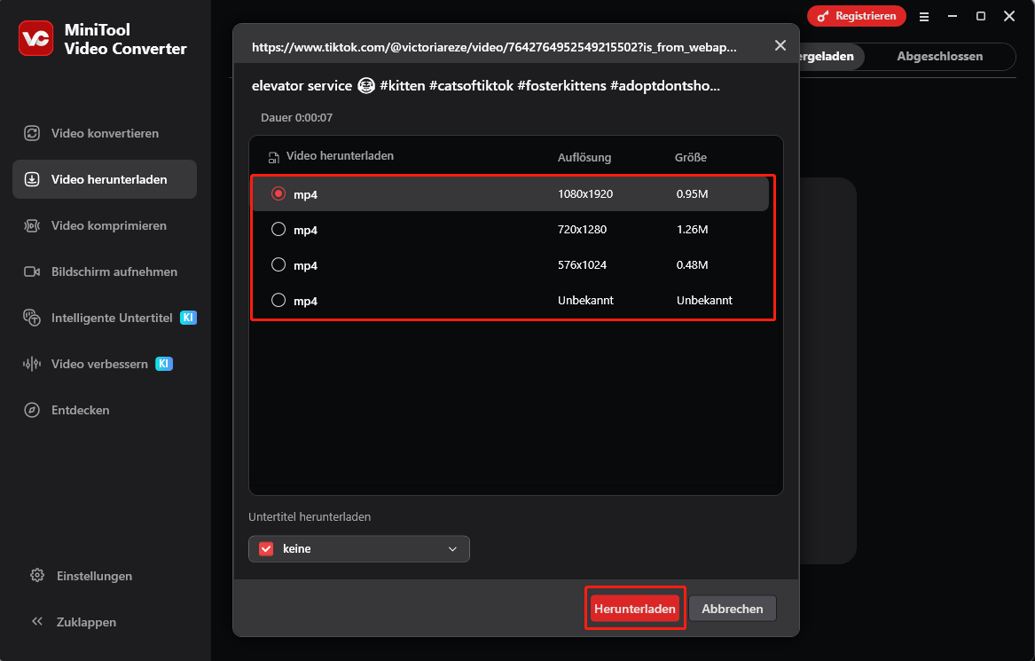 Benutzeroberfläche von MiniTool Video Converter mit dem Herunterladen eines TikTok-Videos