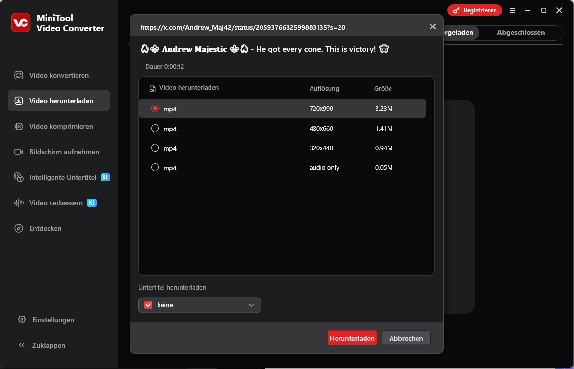 Benutzeroberfläche von MiniTool Video Converter mit dem Herunterladen eines Twitter-Videos