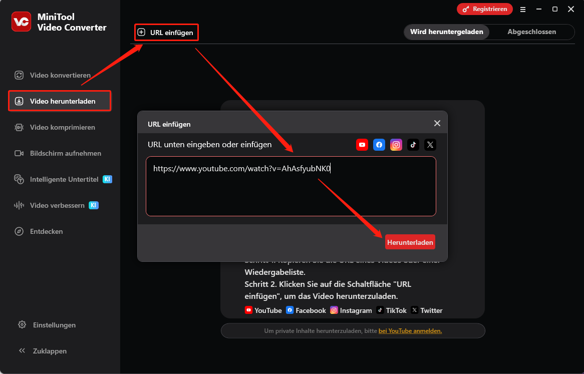 Benutzeroberfläche von MiniTool Video Converter mit der Analyse des kopierten YouTube-Video-Links