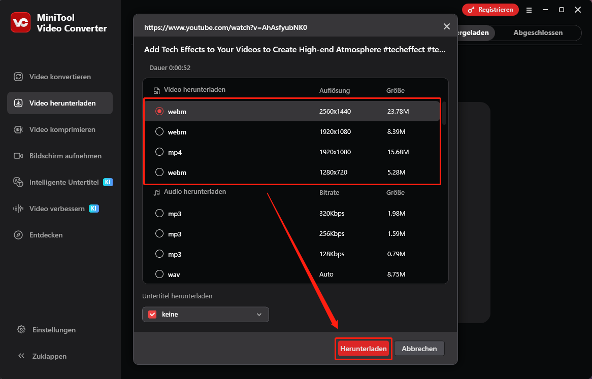 Benutzeroberfläche von MiniTool Video Converter mit ausgewählten YouTube-Videoformaten und der Option Herunterladen