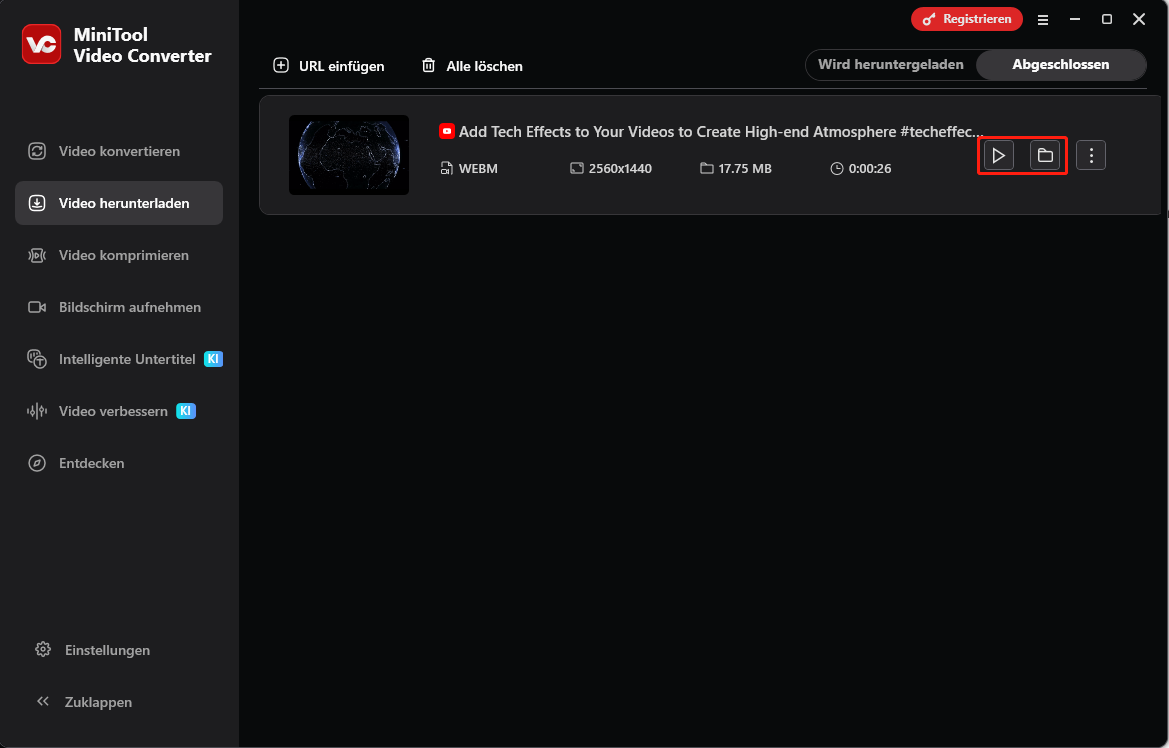 Benutzeroberfläche von MiniTool Video Converter mit ausgewähltem Wiedergabe-Symbol und Ordner-Symbol unter dem Modul Video herunterladen