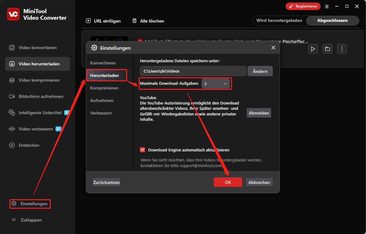Benutzeroberfläche von MiniTool Video Converter mit der Einstellung der maximalen Downloads