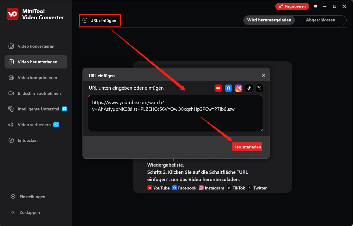 Benutzeroberfläche von MiniTool Video Converter mit der Analyse des YouTube-Playlist-Links