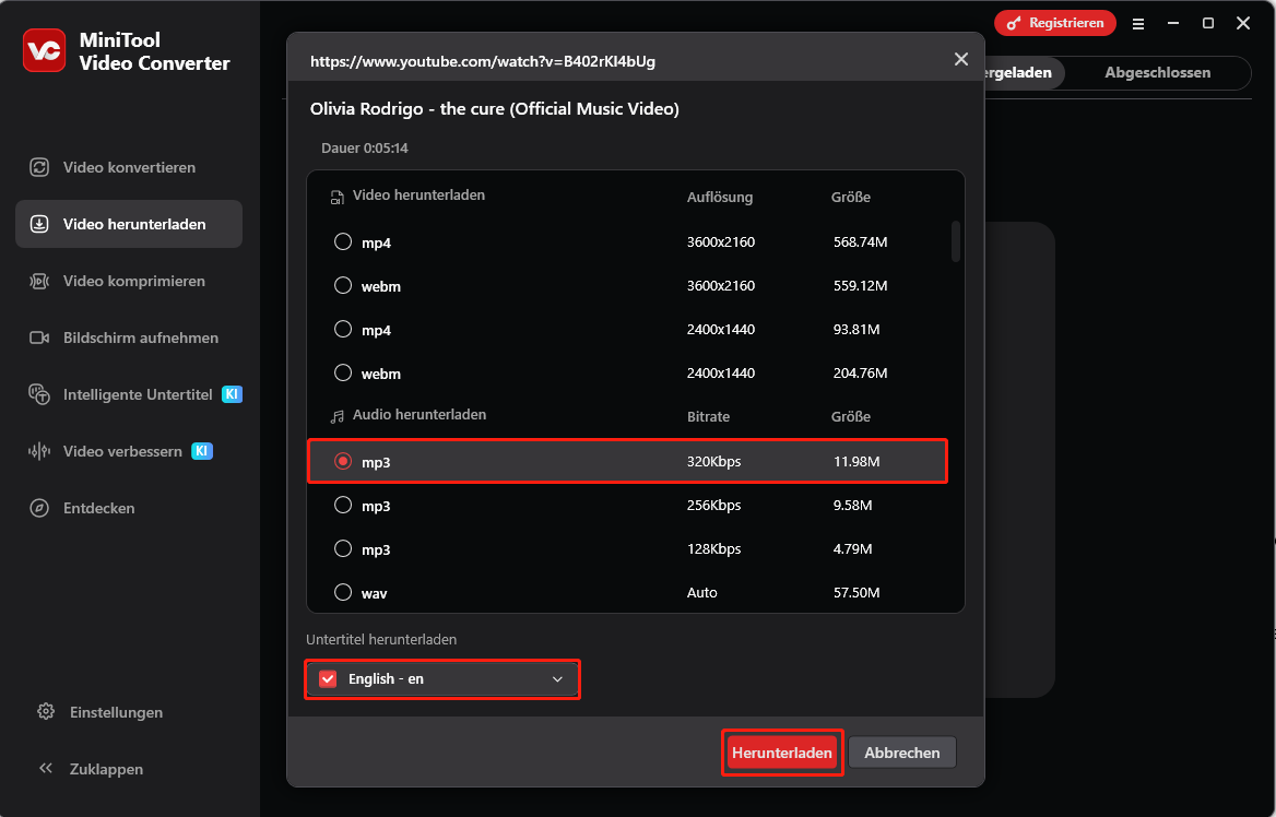 Benutzeroberfläche von MiniTool Video Converter mit dem Herunterladen eines YouTube-Videos/-Audios mit Untertiteln