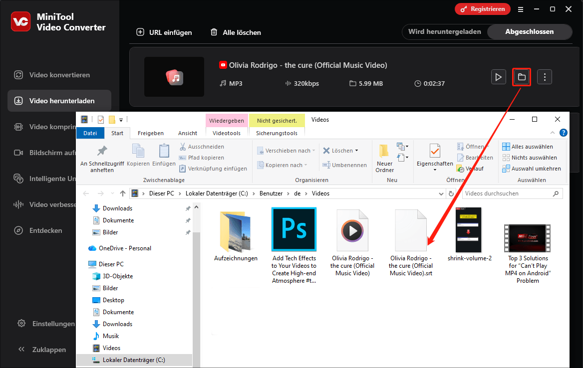 MiniTool Video Converter mit dem Finden der heruntergeladenen YouTube-Untertitel