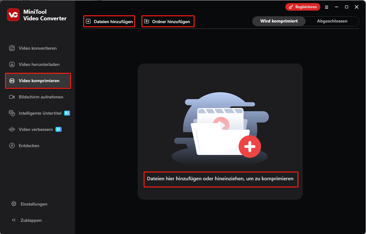 Klicken Sie im Modul Video komprimieren von MiniTool Video Converter auf Dateien hinzufügen oder auf den Bereich Dateien hinzufügen oder hierherziehen, um die Komprimierung zu starten, um Ihre Videodateien hochzuladen