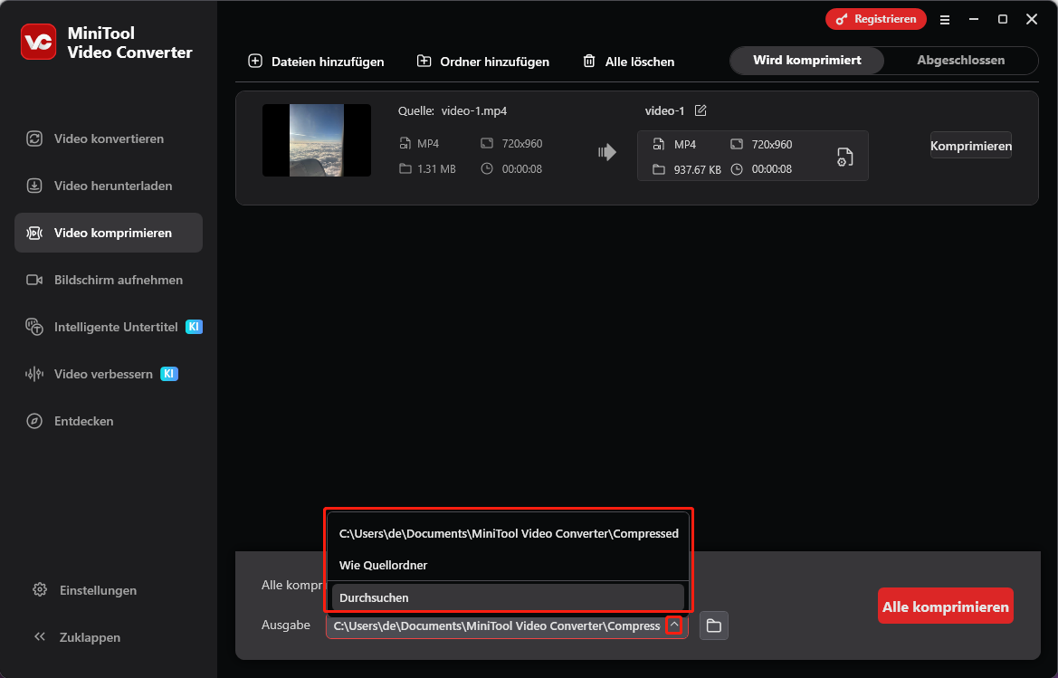 Öffnen Sie die Option Ausgabe im Bereich Video komprimieren von MiniTool Video Converter, um einen Speicherpfad für Ihre komprimierten Dateien auszuwählen