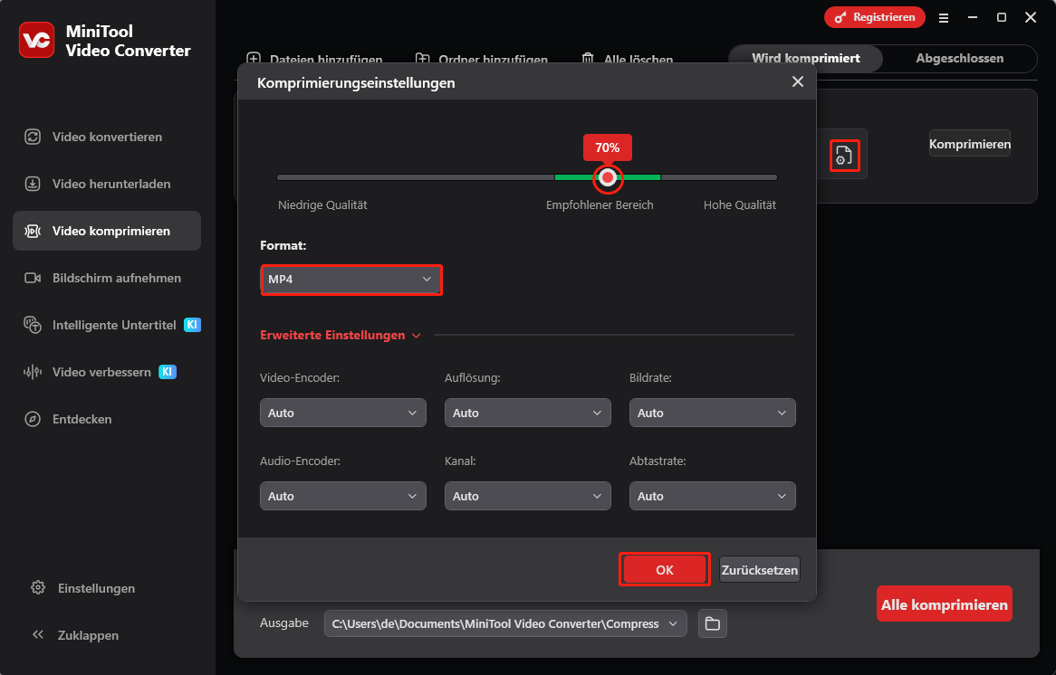 Klicken Sie im Bereich Video komprimieren von MiniTool Video Converter auf das Einstellungen-Symbol, um die Komprimierungseinstellungen festzulegen
