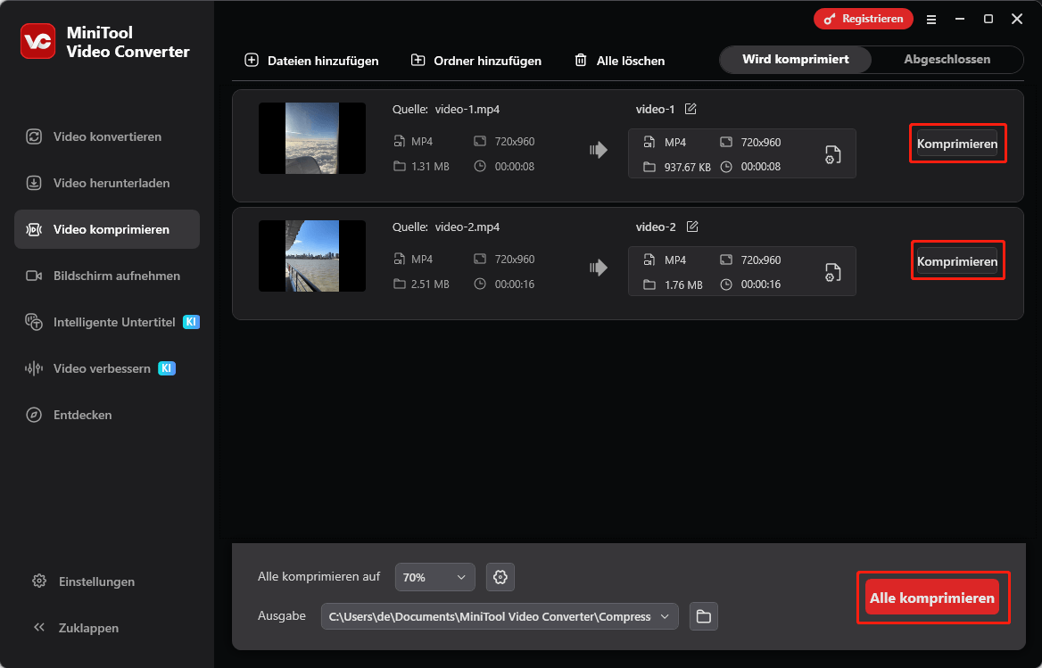 Klicken Sie in MiniTool Video Converter auf die Schaltfläche Komprimieren oder Alle komprimieren, um den Komprimierungsprozess zu starten