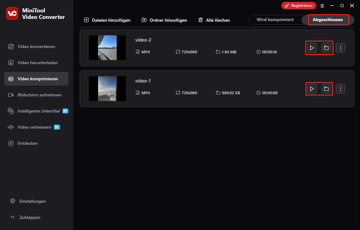 Klicken Sie in MiniTool Video Converter auf das Wiedergabe-Symbol oder das Ordner-Symbol, um die komprimierten Dateien zu verwalten