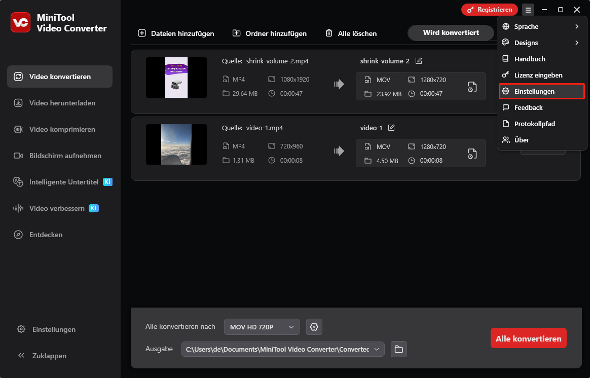 Zu den allgemeinen Einstellungen von MiniTool Video Converter gehen