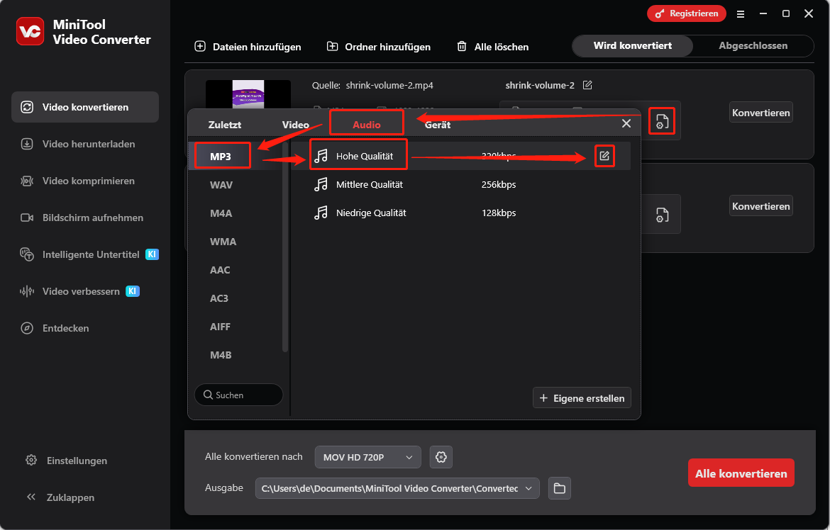 Eine Mediendatei in MiniTool Video Converter in MP3 konvertieren