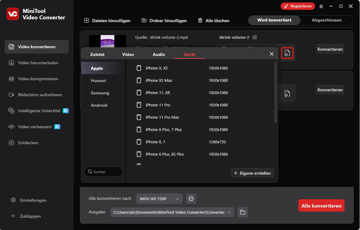 Eine Mediendatei in ein von Huawei Honor 10 unterstütztes Format in MiniTool Video Converter konvertieren