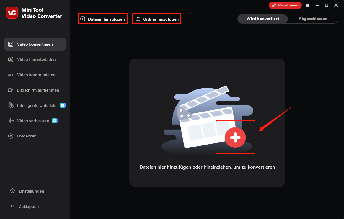 Optionen in MiniTool Video Converter zum Hochladen von Mediendateien