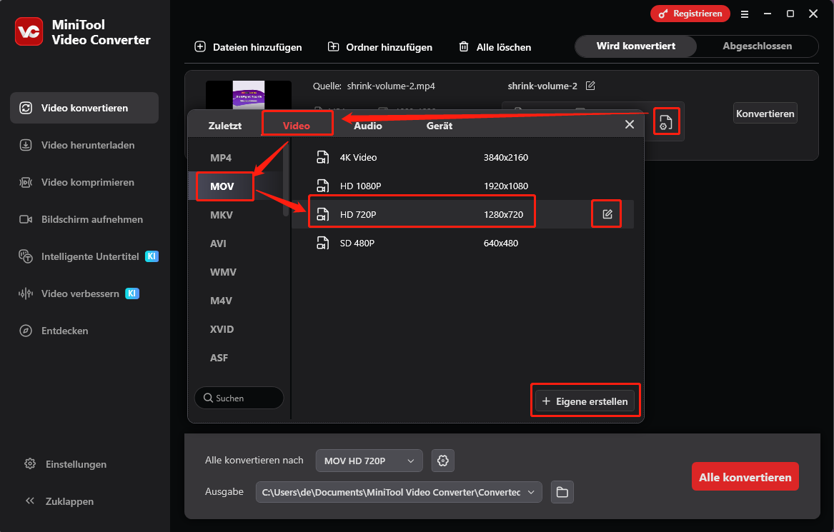 Ausgabe-Videoformat in MiniTool Video Converter auf MP4 festlegen