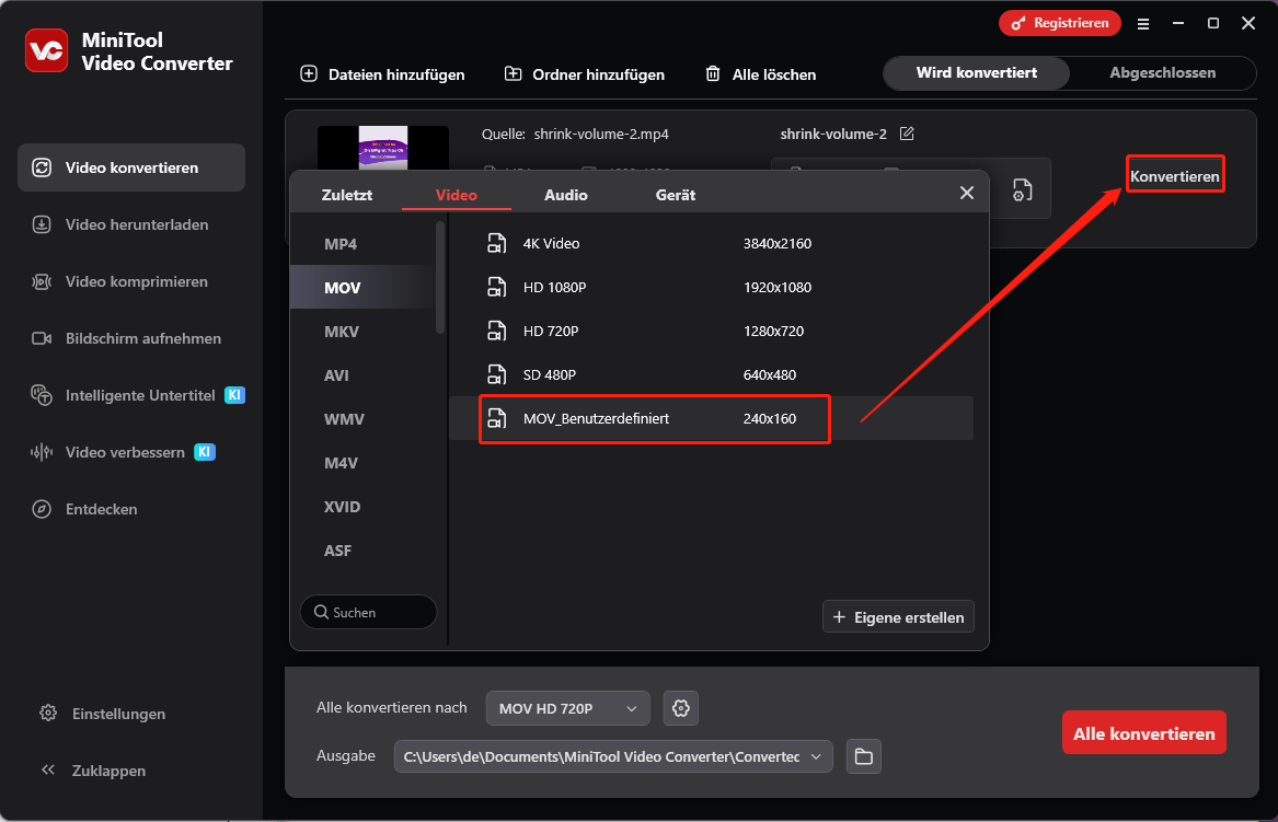 Benutzerdefiniertes MP4-Ausgabeformat in MiniTool Video Converter zum Konvertieren auswählen