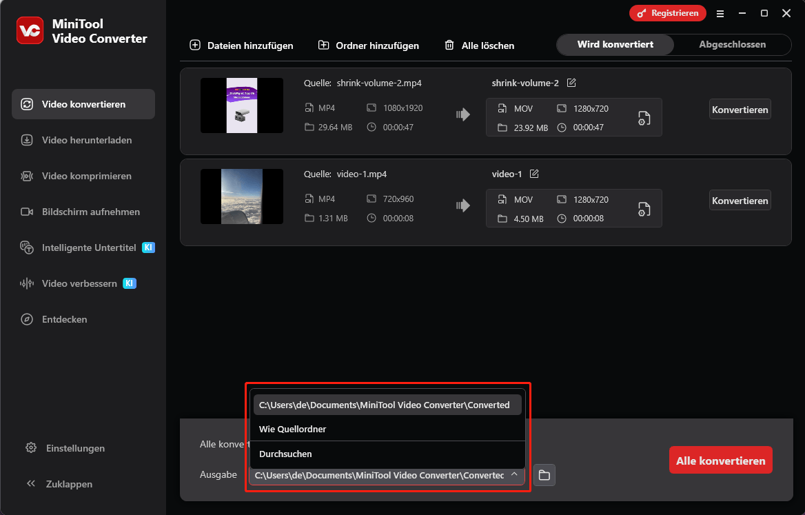 Einen gemeinsamen Ausgabeordner in MiniTool Video Converter festlegen