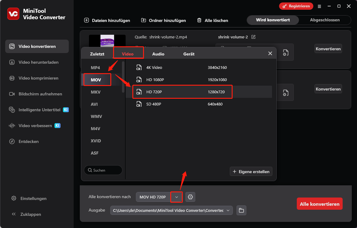 Ausgabeformat MKV für alle Dateien in MiniTool Video Converter festlegen