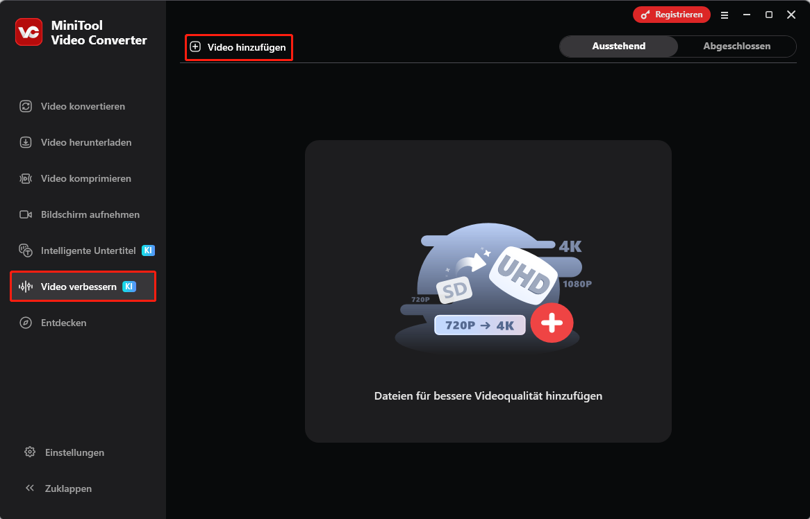 MiniTool Video Converter Oberfläche mit dem Tab Video Enhancer und der ausgewählten Option Add Video.