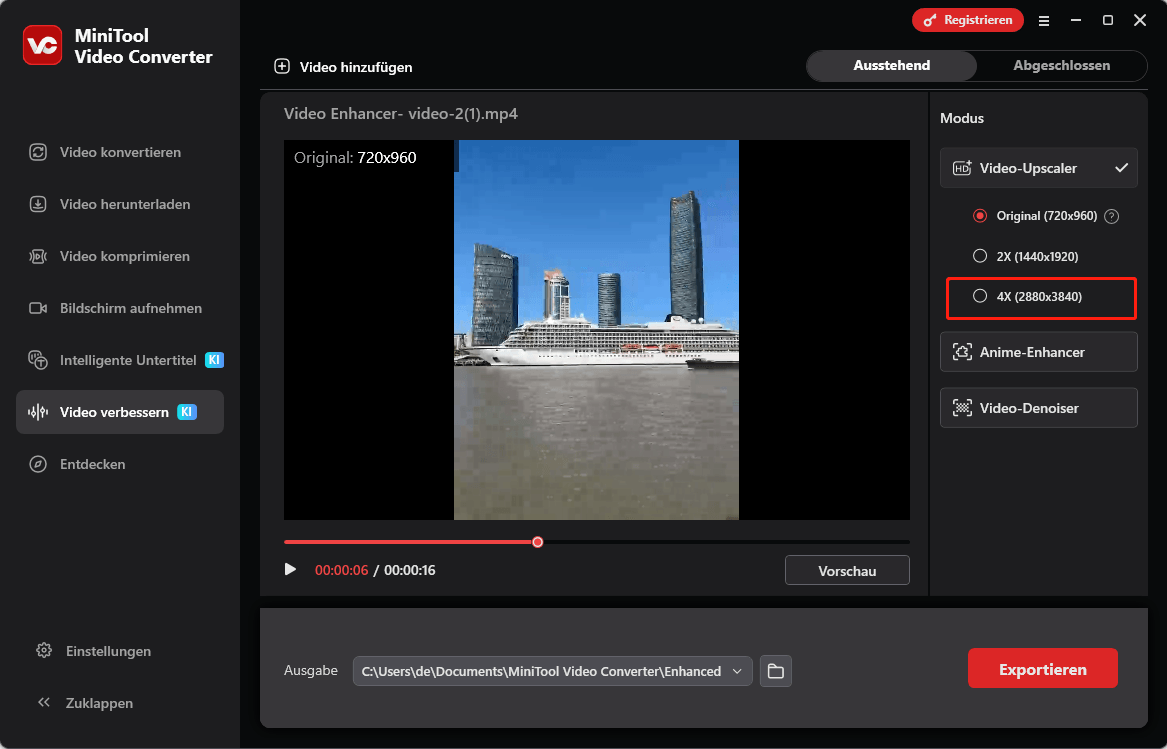 MiniTool Video Converter Oberfläche mit geöffneter Liste Video Upscaler und ausgewählter Option 4X.