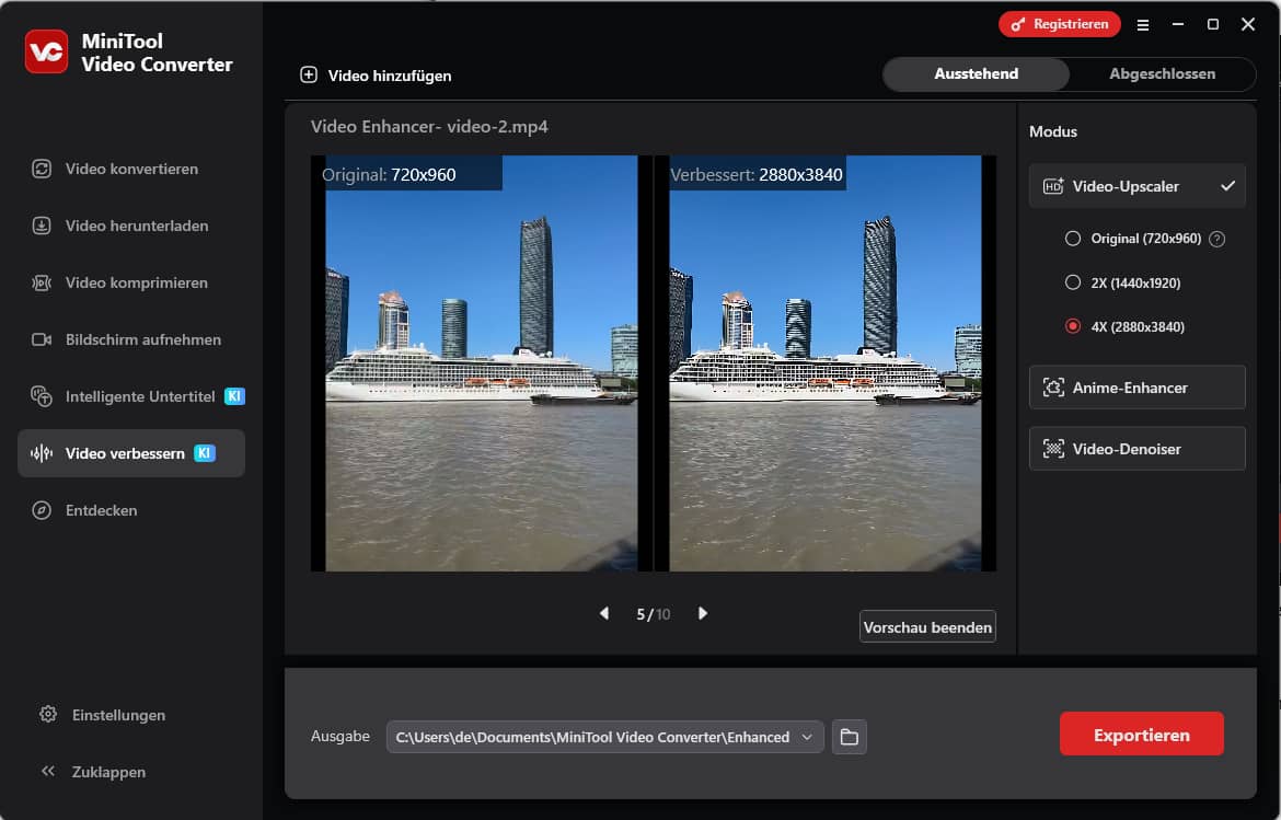 MiniTool Video Converter Video-Enhancer Oberfläche mit Vergleich von Originalvideo und verbessertem Video.
