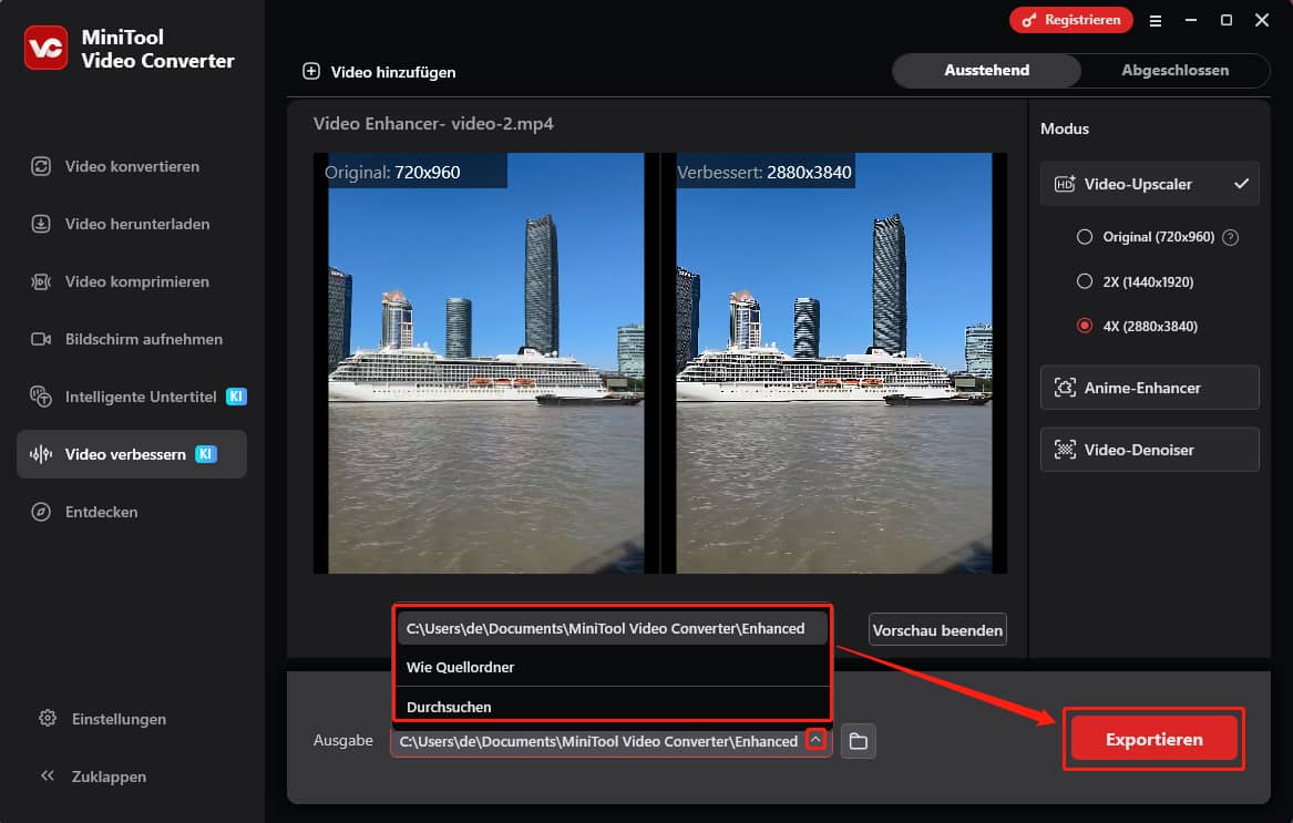 MiniTool Video Converter Video-Enhancer Oberfläche mit Auswahl des Ausgabeformats und Export des Videos.