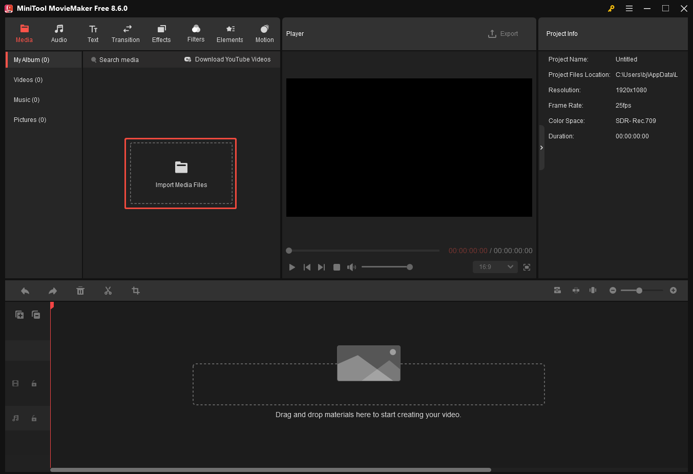 MiniTool MovieMaker interface with the Import Media Files selected.