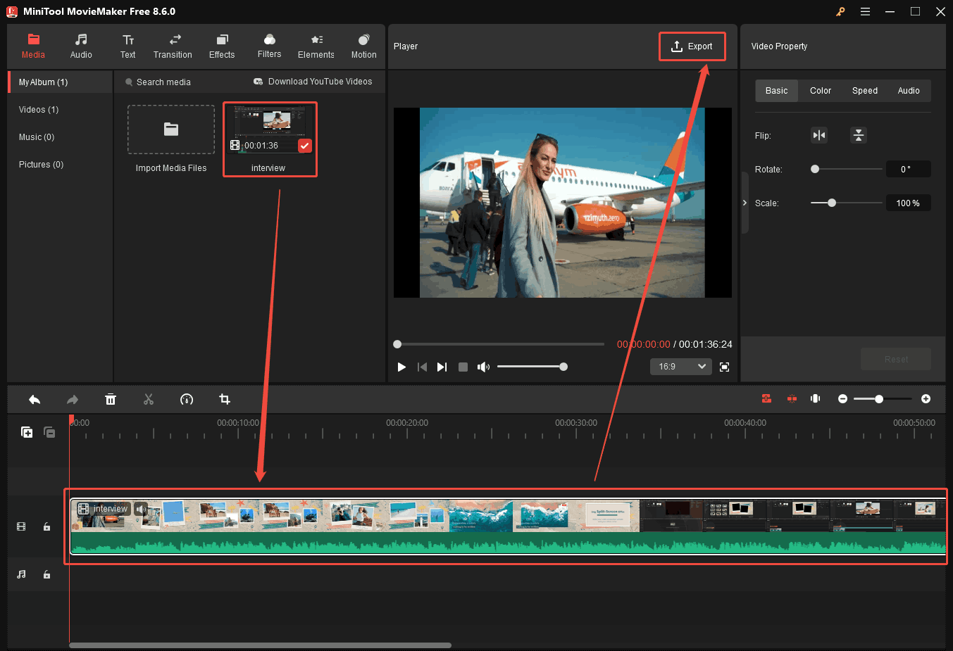 MiniTool MovieMaker interface showing how to add the target video onto the timeline and open the export window.