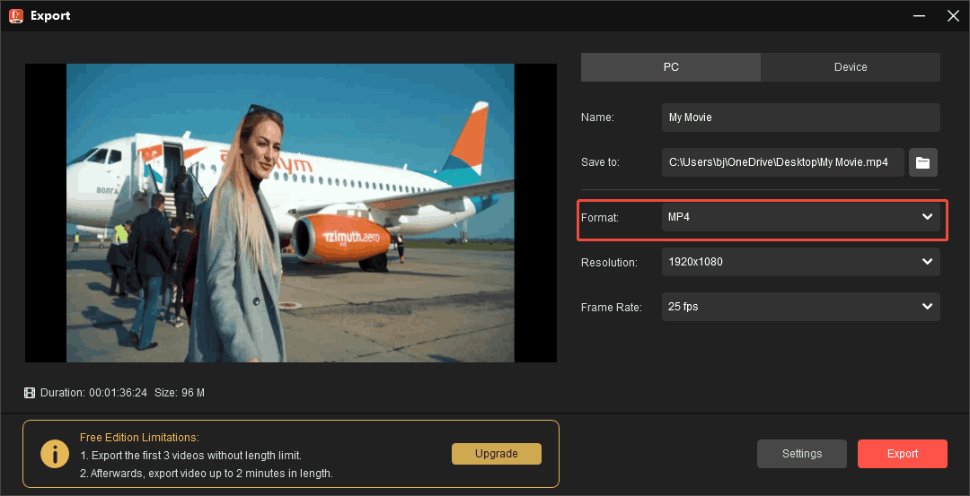 MiniTool MovieMaker Export window with the default MP4 option in the Format option selected.