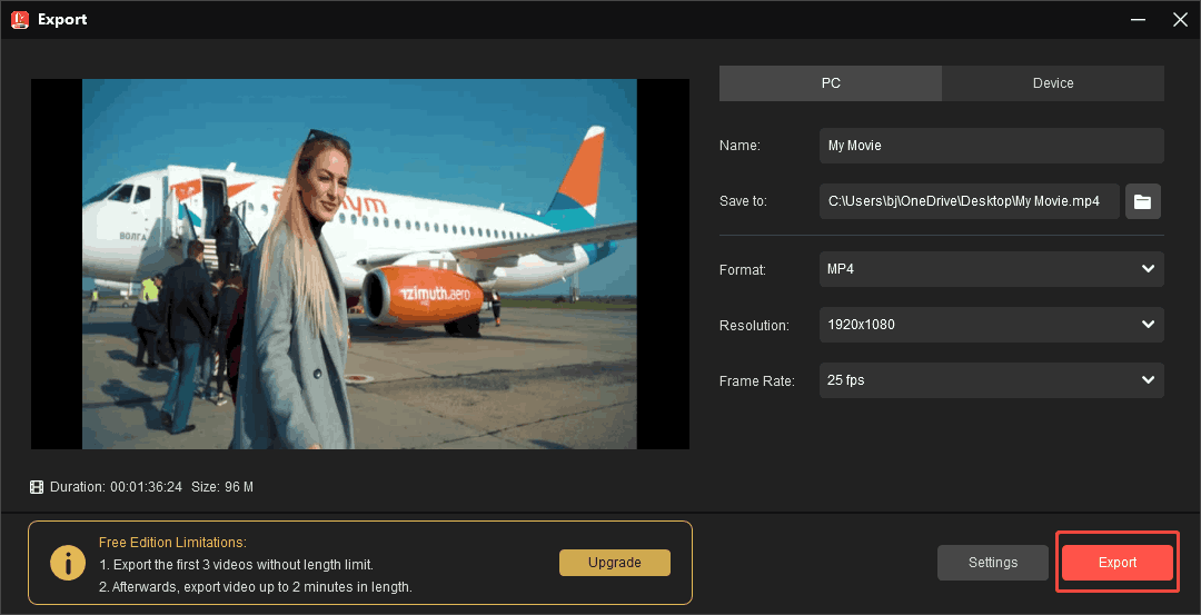 MiniTool MovieMaker Export window with the Export button selected.