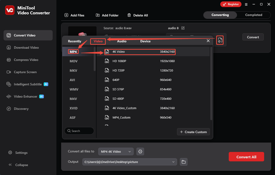 MiniTool Video Converter showing settings window showing how to set MP4 as the output format in the Convert Video tab.
