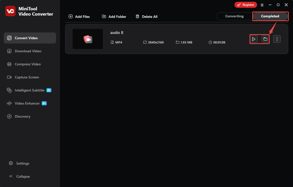 MiniTool Video Converter Completed tab with the Play icon and the Folder icon selected in the Convert Video tab.