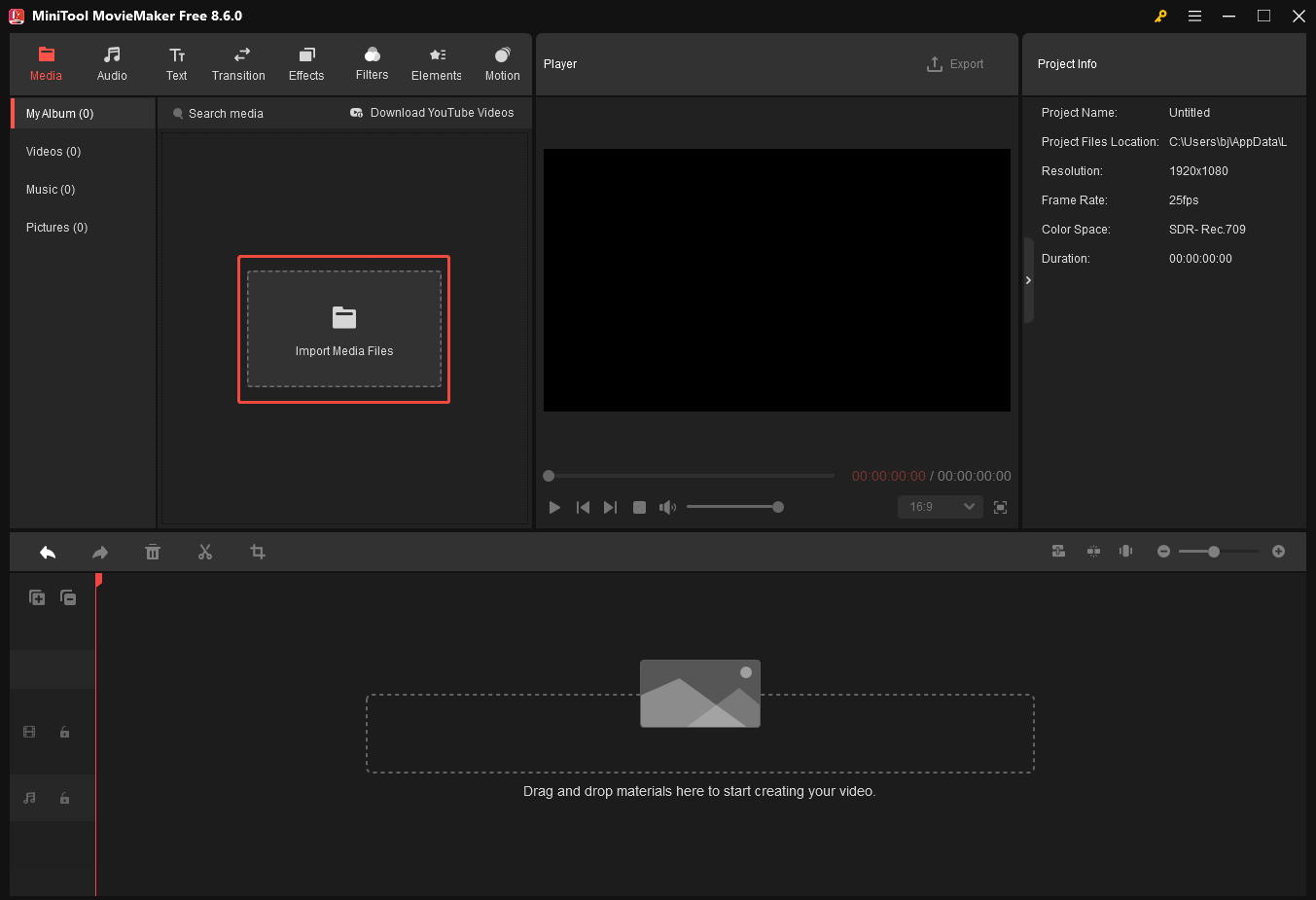 MiniTool MovieMaker interface with the Import Media Files selected.