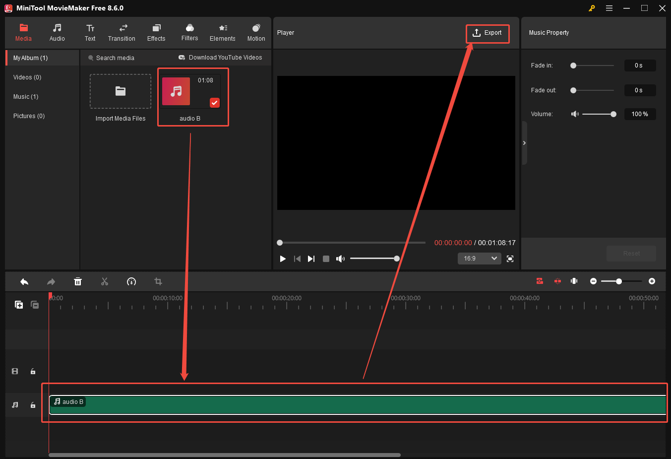 MiniTool MovieMaker interface showing how to add the target audio onto the timeline and open the export window.