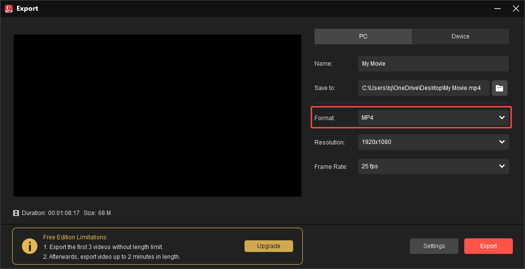 MiniTool MovieMaker Export window with the default MP4 option in the Format option selected.