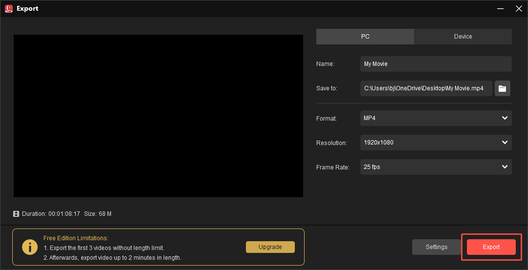 MiniTool MovieMaker Export window with the Export button selected.