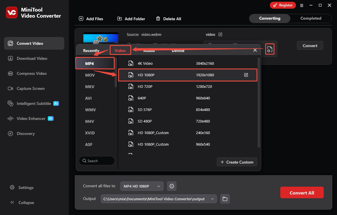 MiniTool Video Converter output format selection window showing how to choose MP4 as the output format.