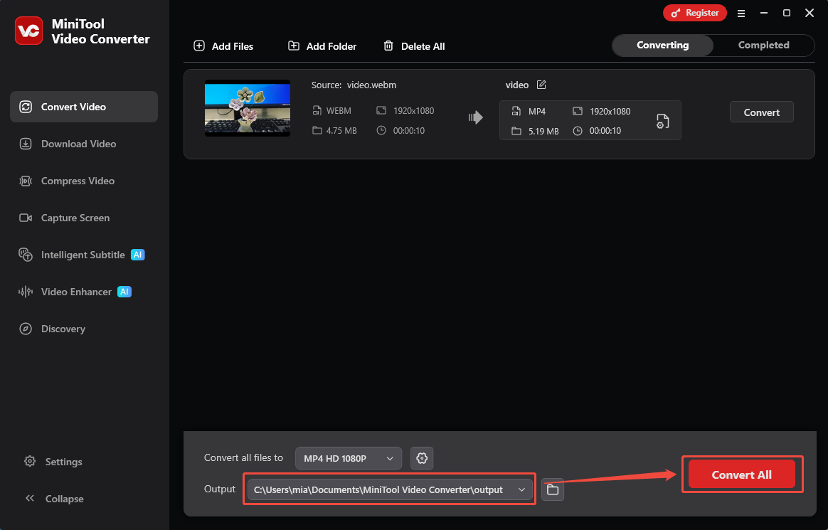 MiniTool Video Converter Convert Video interface with the output option and the Convert All option selected.
