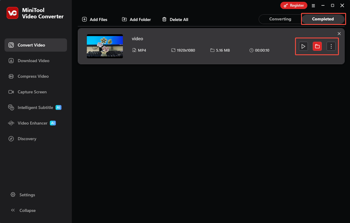 MiniTool Video Converter Convert Video interface with the play icon and the folder icon and the more icon selected.