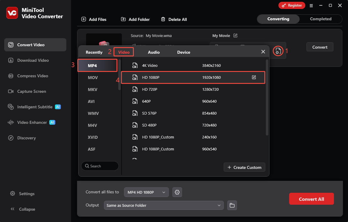 MiniTool Video Converter interface showing how to choose the output format in four steps.