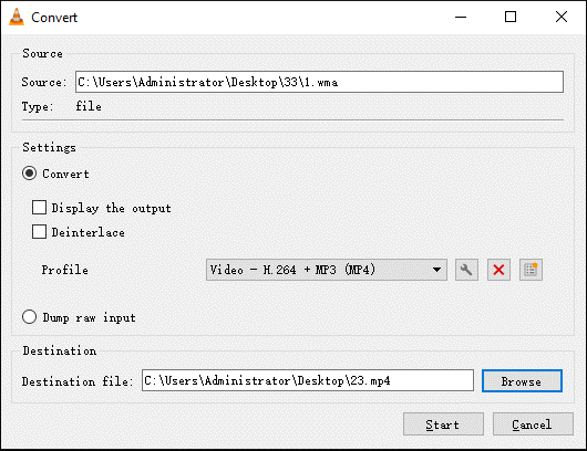 VLC media player Convert window.