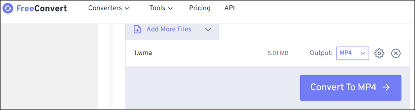 FreeConvert conversion webpage with the WMA file uploaded.