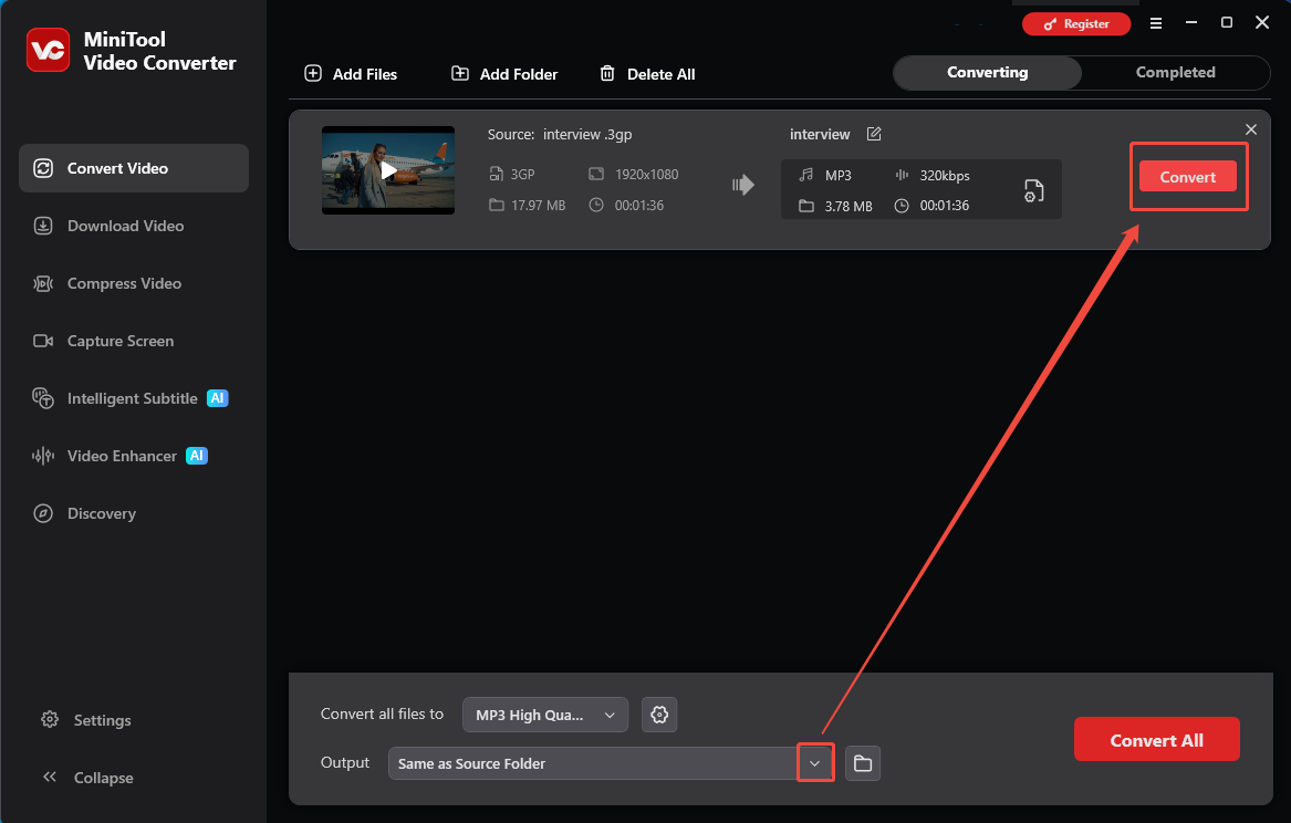 MiniTool Video Converter interface with the Output option and the Convert button selected in the Convert Video tab.
