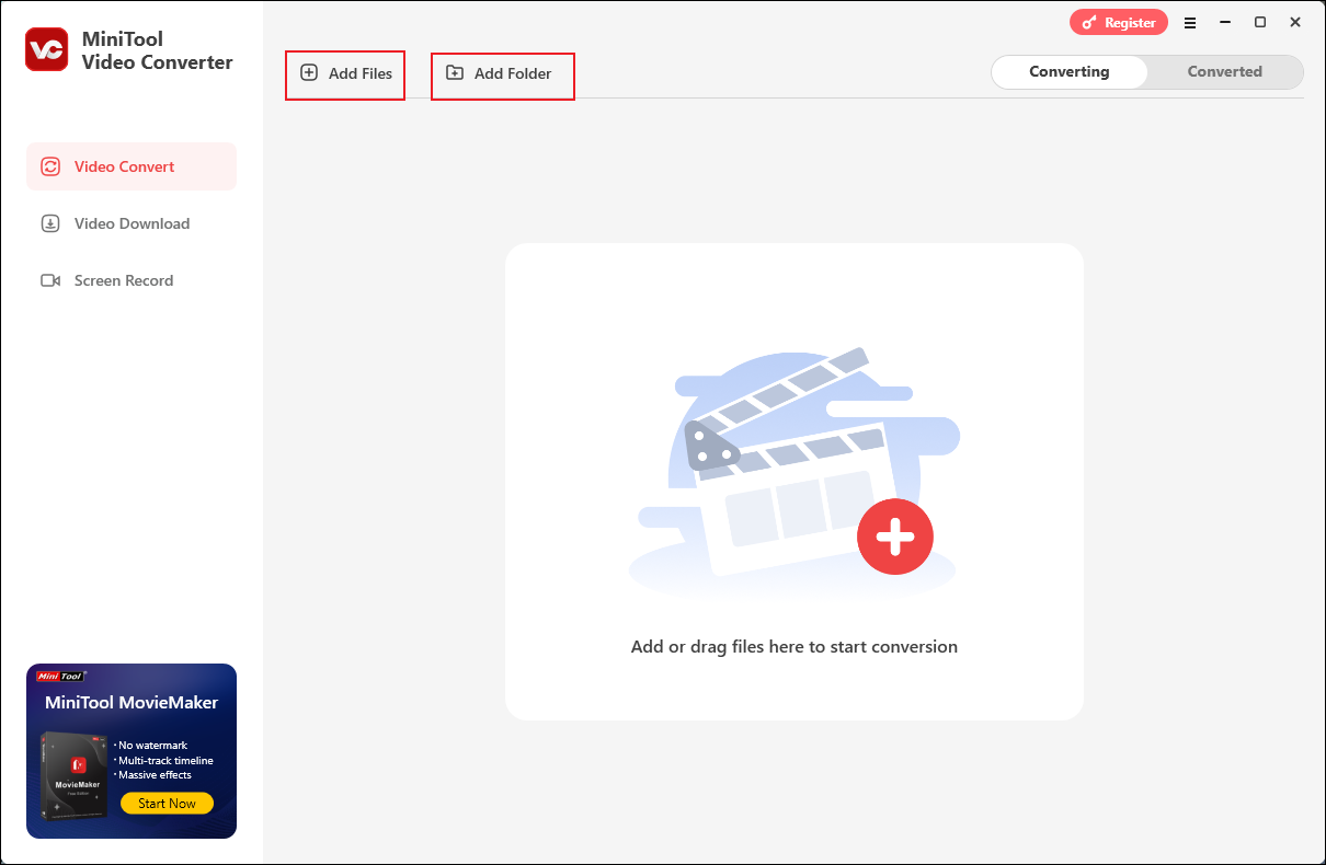 MiniTool Video Converter interface with the Add Files option and the Add Folder option selected.