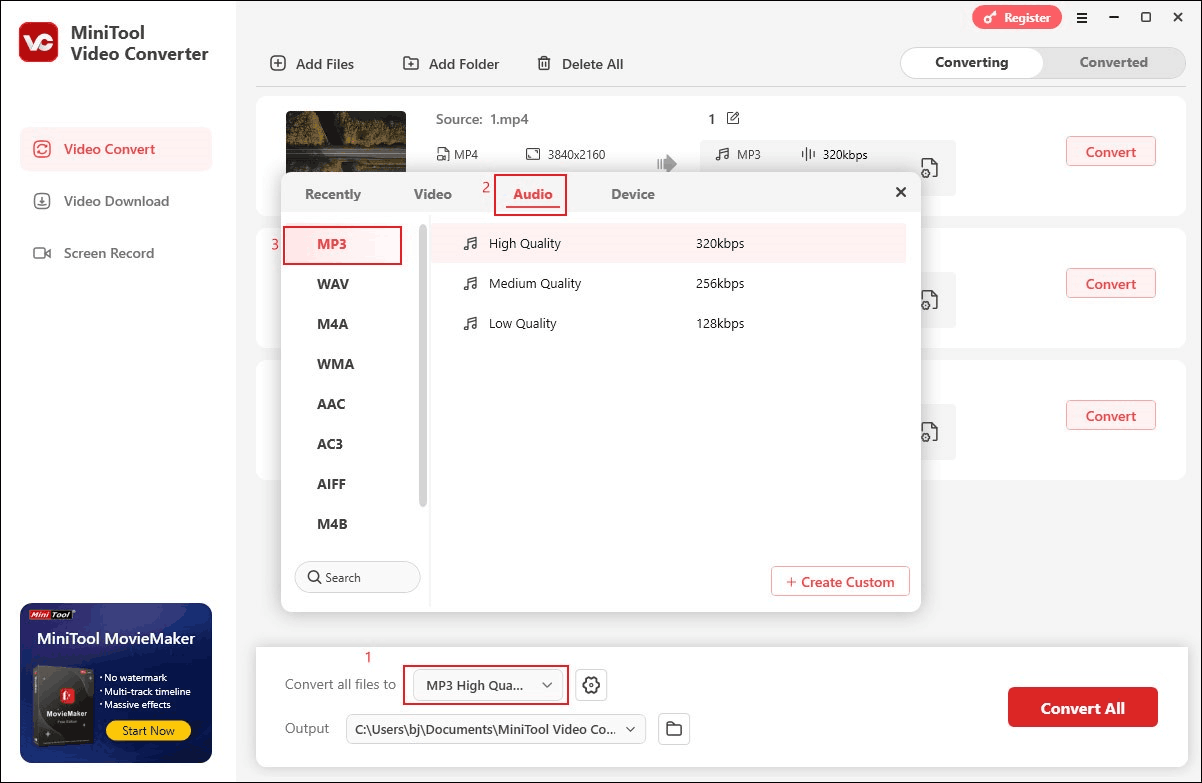 MiniTool Video Converter output format window showing how to set MP3 as the output format in the Video Convert tab.