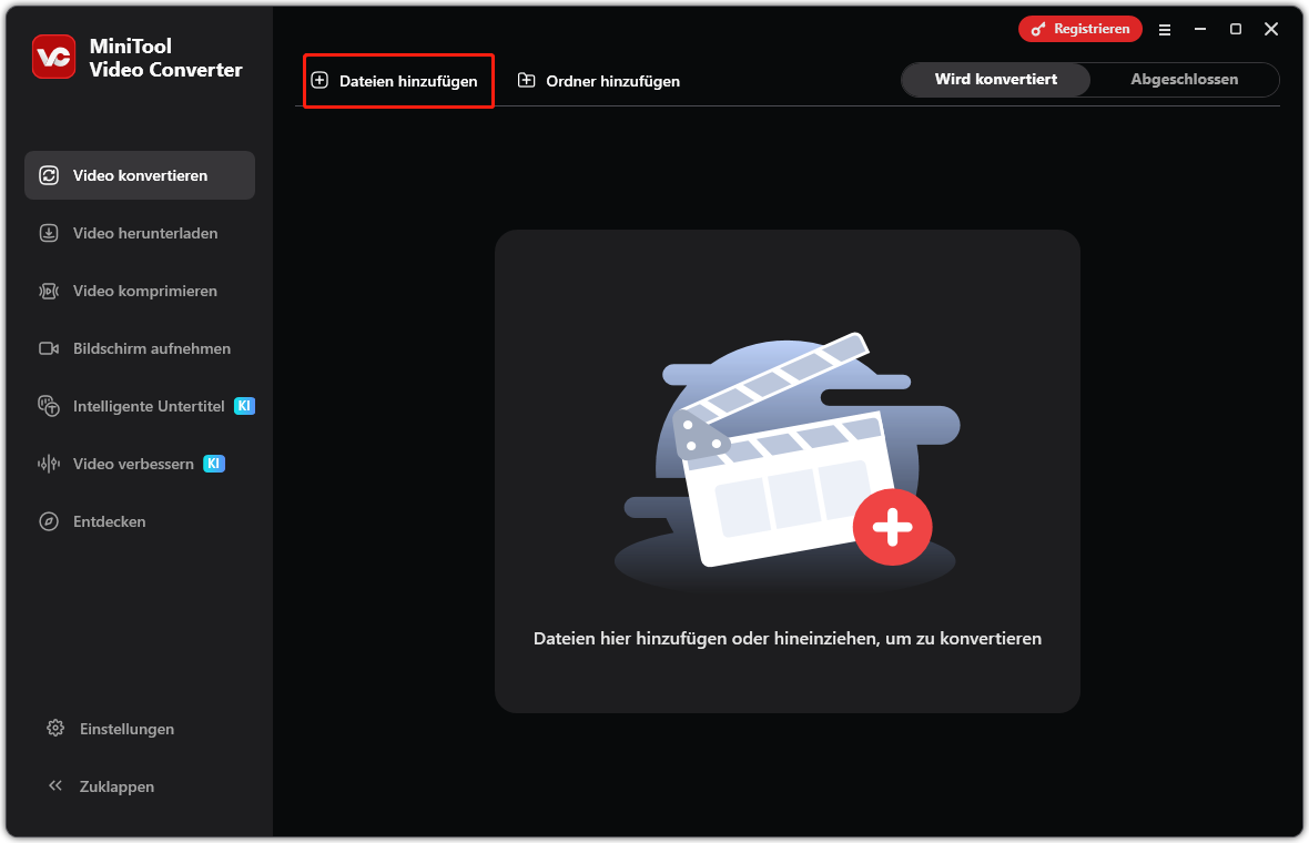 Benutzeroberfläche von MiniTool Video Converter mit den ausgewählten Optionen Dateien hinzufügen und Ordner hinzufügen.