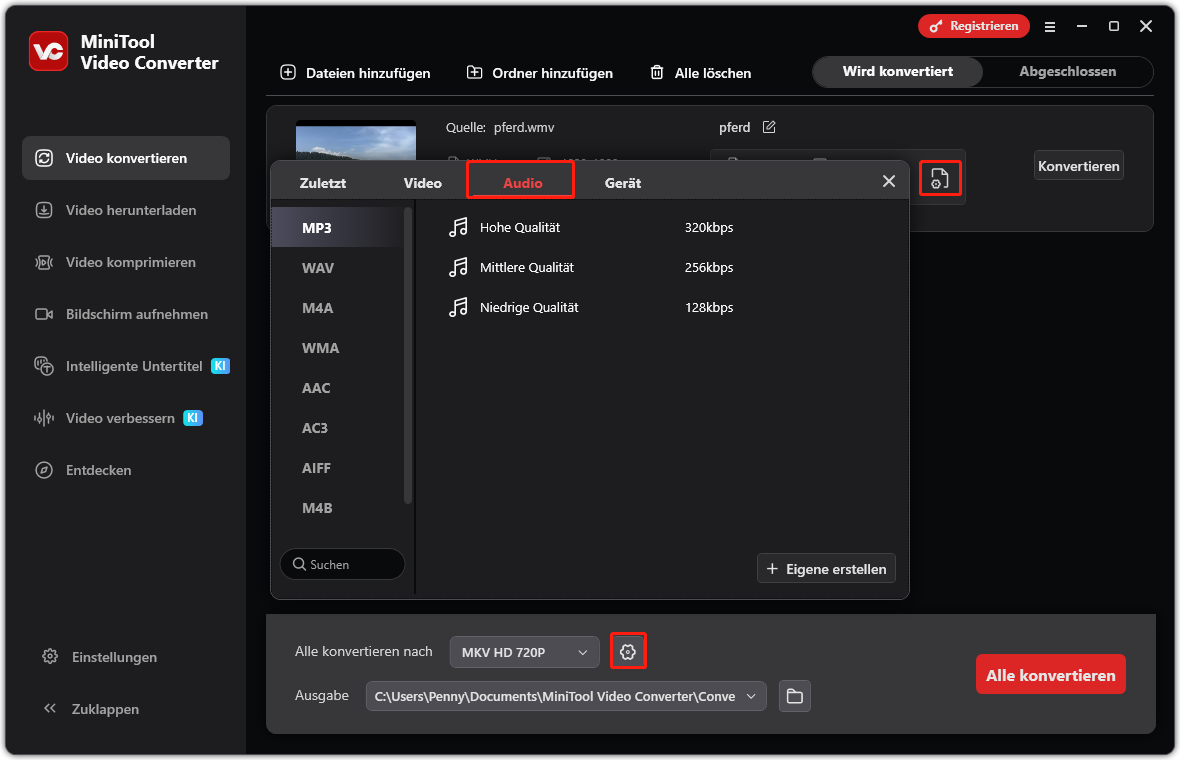 Fenster Ausgabeformat von MiniTool Video Converter, das zeigt, wie Sie MP3 als Ausgabeformat auf der Registerkarte Video konvertieren festlegen.