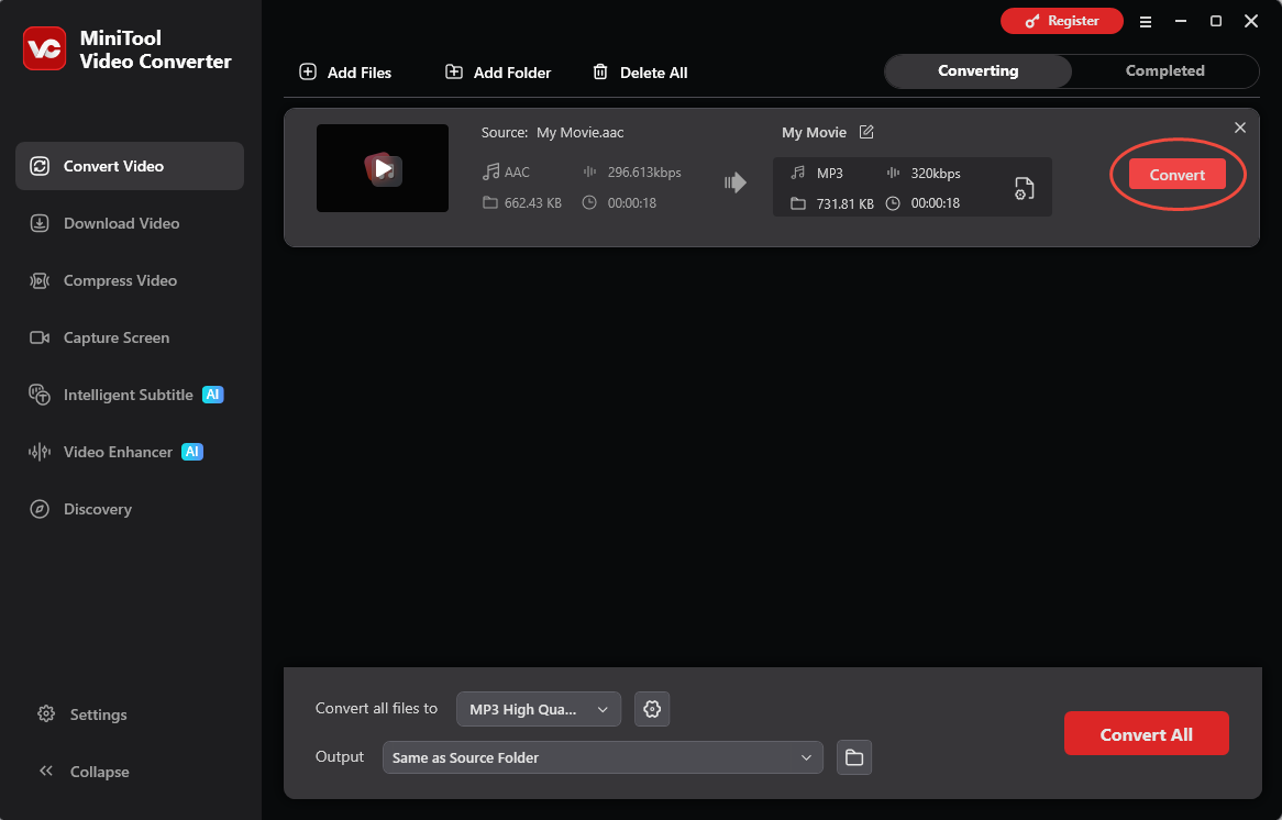 MiniTool Video Converter Convert Video interface with the Convert option selected.